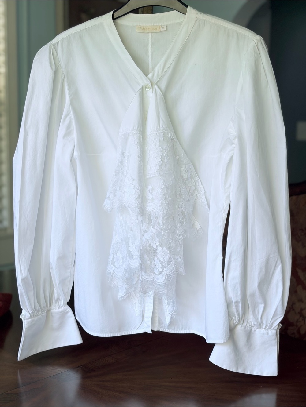 Valentino White Lace-Front Ruffled Long-Sleeve Blouse